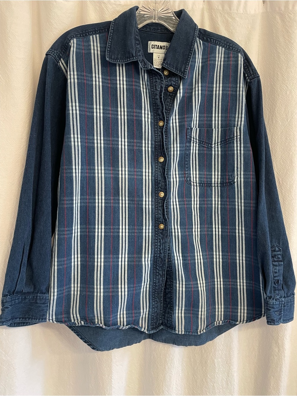Gitano Women’s Denim Plaid Button-Down Shirt, size Medium